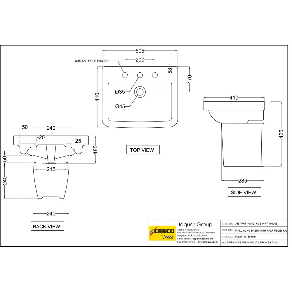 Half Pedestal Wash Basin Dimensions