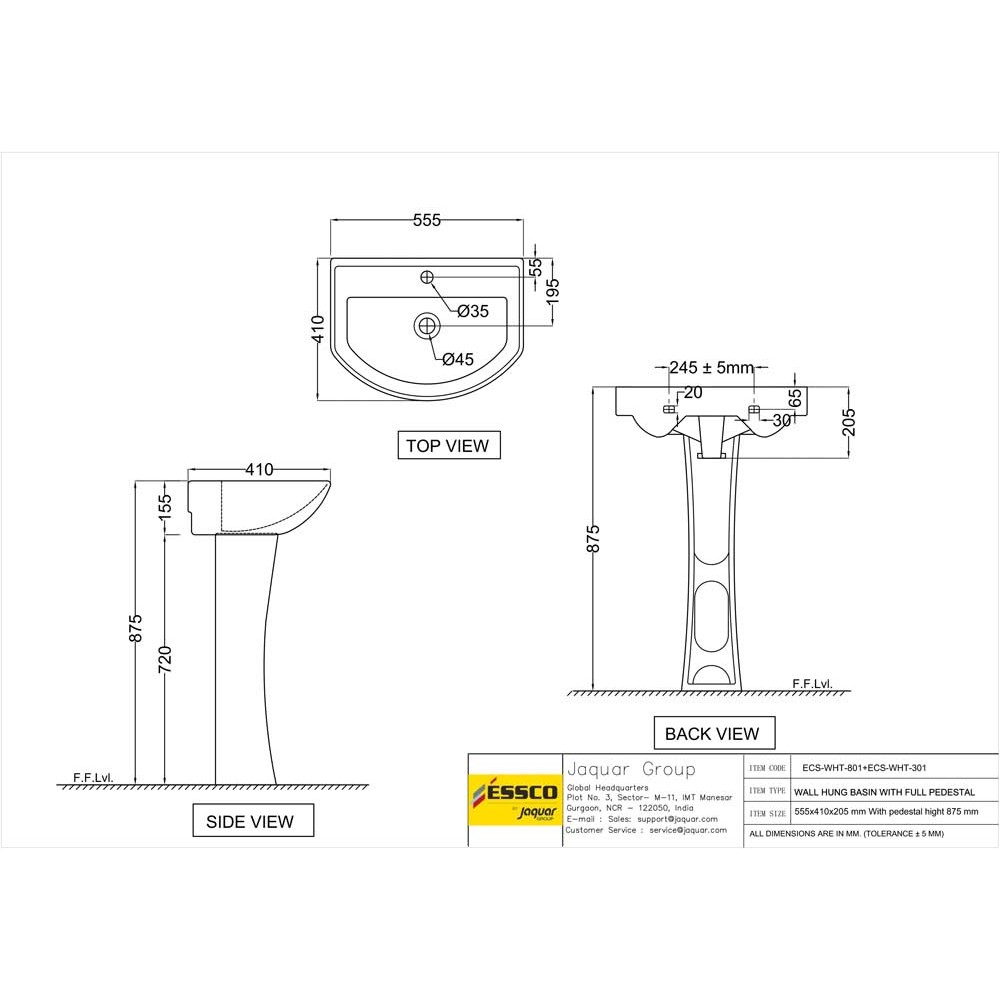 Essco Stylish Wall-Hung Toilet Wash Basin with Full Pedestal